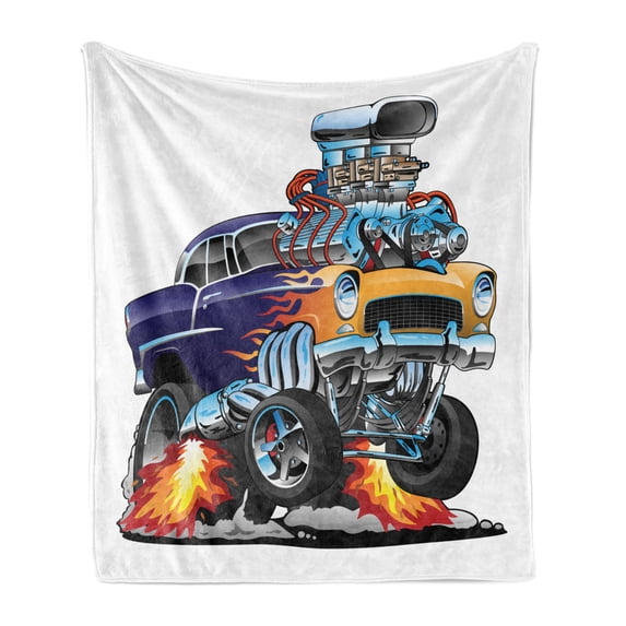 Race Car Soft Flannel Fleece Blanket, Illustration of a Single Classic Hot Rod Muscle Car with Flames and a Big Engine, Cozy Plush for Indoor and Outdoor Use, 70" x 90", Multicolor, by Ambesonne