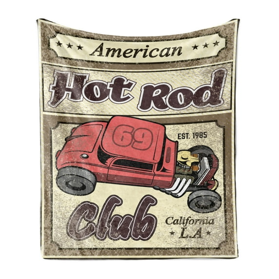 Race Car Soft Flannel Fleece Throw Blanket, American Hot Rod Club California LA Lettering on a Poster Like Demonstration, Cozy Plush for Indoor and Outdoor Use, 50" x 70", Multicolor, by Ambesonne