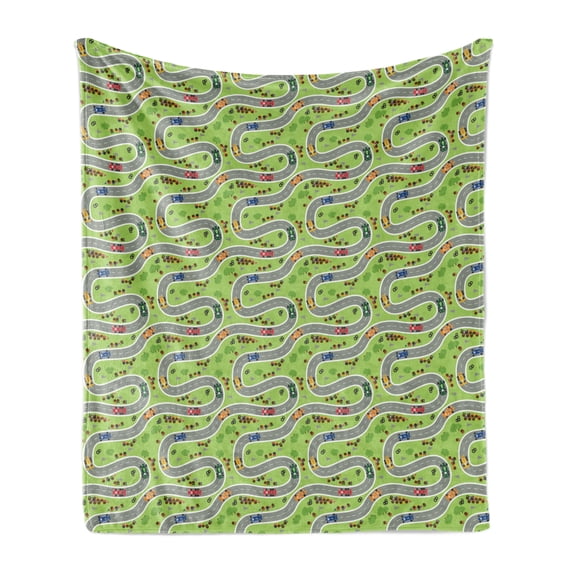 Race Car Soft Flannel Fleece Throw Blanket, Pattern of a Racing Map Road Overview with People Watching on Sides, Cozy Plush for Indoor and Outdoor Use, 50" x 60", Apple Green Multicolor, by Ambesonne
