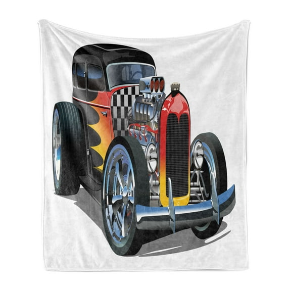Race Car Soft Flannel Fleece Throw Blanket, Retro Style Detailed Demonstration of a Single Sports Auto with Flame Motifs, Cozy Plush for Indoor and Outdoor Use, 50" x 60", Multicolor, by Ambesonne