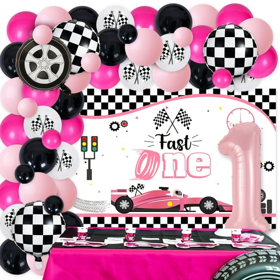 Race Car Theme 1st Birthday Party Decorations for Girls, Fast One Birthday Party Supplies, Pink Lattice Balloon Garland Arch Kit and Fast One Backdrop for Racing Car First Birthday Party