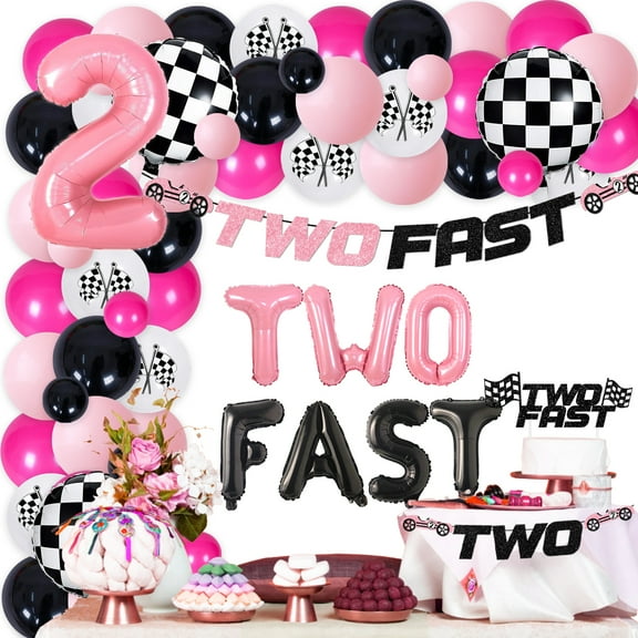 Race Car Theme 2nd Birthday Party Decorations for Girls, Black Pink Balloon Garland Kit Two Fast Banner Cake Topper Number 2 Foil Balloon for 2 Years Old Racing Girls Birthday Party Supplies