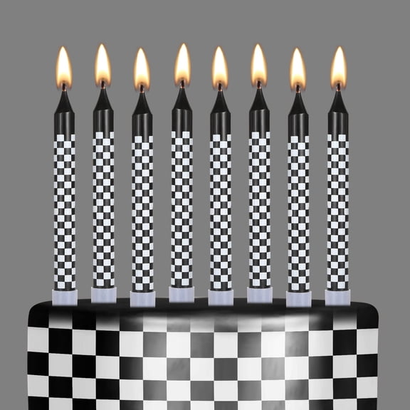 Race Car Themed Birthday Candles 12 Pcs, Checkered Flag Cake Toppers for Party Decor, Shower Celebration, Black and White