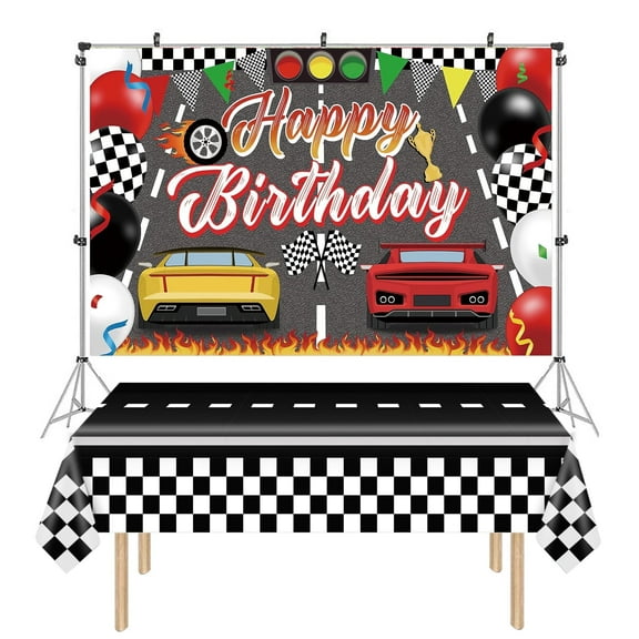 Race Car Themed Birthday Party Backdrop And Tablecloth Set, 54x108 Inch Tablecloth with 43x71 Inch Photo Background Racing Backdrop for Birthday Tablecover and Banner for Party Decoration