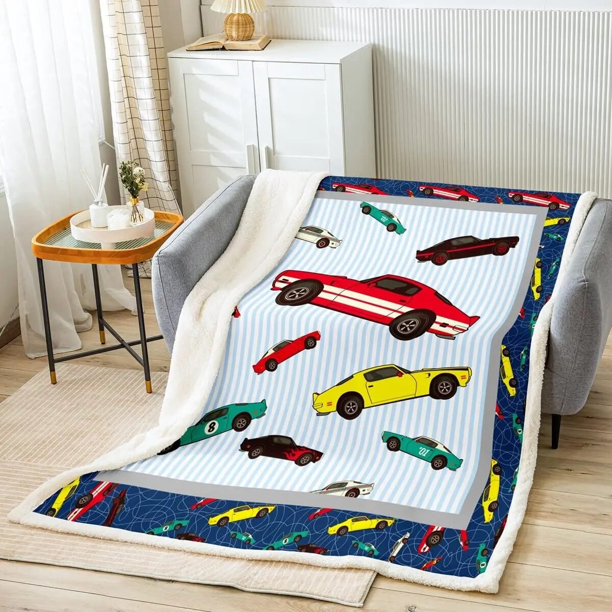 Race Car Throw Blanket Speed Sports Car Plush Blankets Racing Car Blue Sherpa Blanket Cartoon