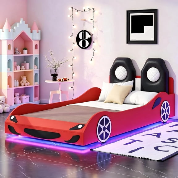 Race Car Twin Bed Frames with LED Lights, Wood Car-Shaped Platform Bed Frame with Wheels and Upholstered Backrest, No Box Spring Needed, Red