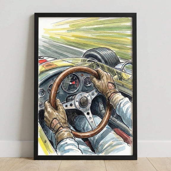 Race Car Wall Art Retro Racing Driver POV Print Classic Sports Car Decor Automotive Waterc