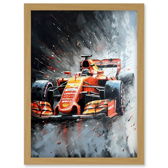Race Car and Driver Grand Prix Orange and Grey Artwork Framed Wall Art Print A4