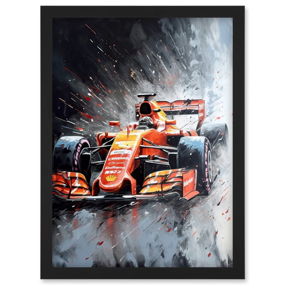 Race Car and Driver Grand Prix Orange and Grey Artwork Framed Wall Art Print A4