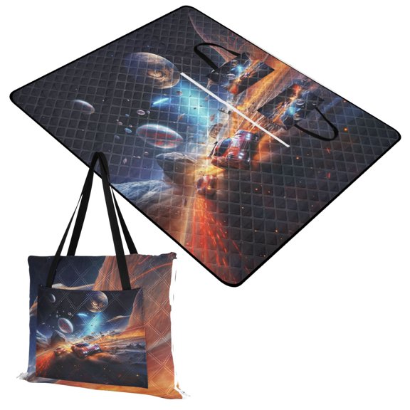 Race Car and Planet Extra Large Picnic Beach Blanket Waterproof Sand Proof Portable Outdoor Mat 60x80
