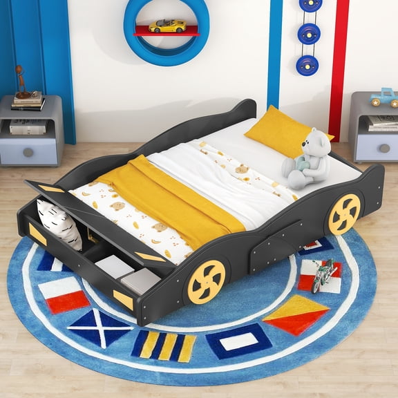 Race Car-shaped Bed With Storage And Functional Design Black+yellow Platform Car Style Spacious