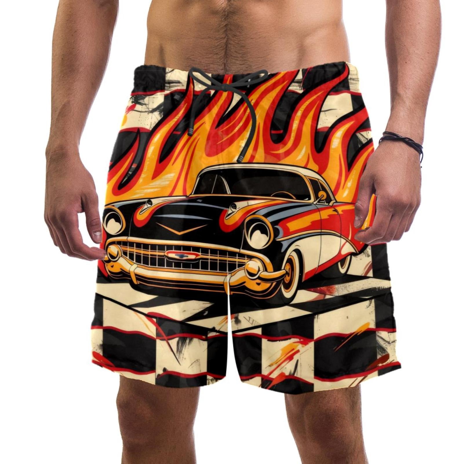 Race Car with Finish Line Flags Pilot and Flames Retro Men Beach Shorts ...
