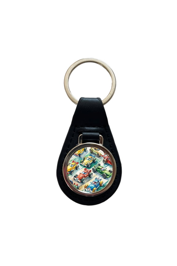 Race Cars Watercolor Metal Black Leather Keychain