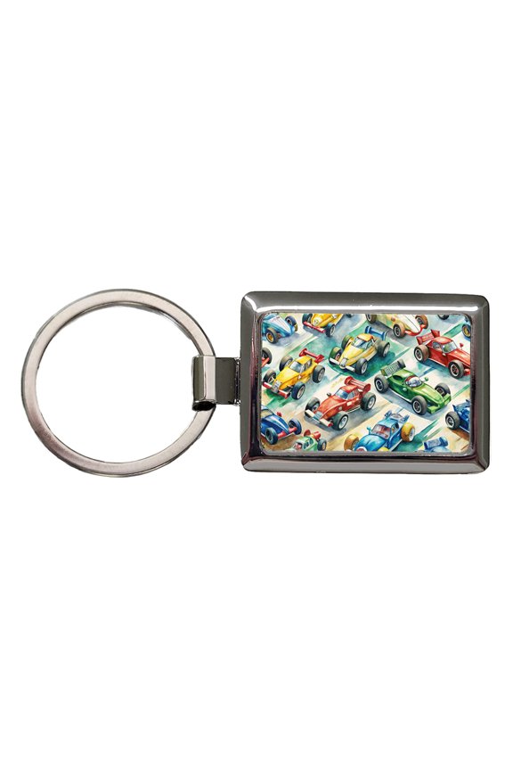 Race Cars Watercolor Metal Rectangle Keychain