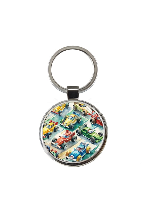 Race Cars Watercolor Metal Round Keychain