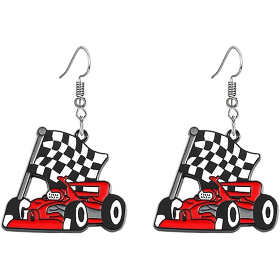 Race Charm Earring for Women - Black & White Checkered Flag Dangle Drop Earrings - Race Day Gift for Racers & Fans