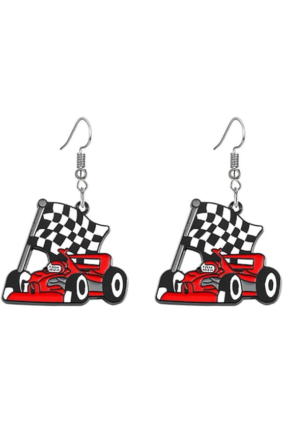 Race Charm Earring for Women - Black & White Checkered Flag Dangle Drop Earrings - Race Day Gift for Racers & Fans