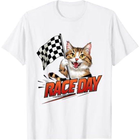 Race Day Car Racing Cat Checkered Flag T-Shirt