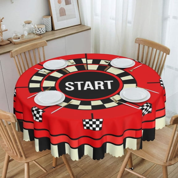 Race Flag Start Checkered Round Round Tablecloth Waterproof Oil-Proof Plastic Table Cloth Stain-Resistant Wipeable 60" for Camping, Dining, Indoor and Outdoor