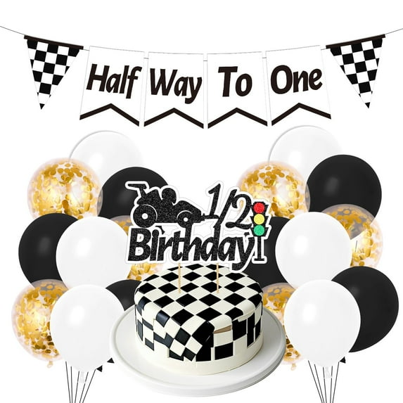 Race Half Birthday Decorations - KKS1 Aposwow 20PCS Race 6 Months Birthday Decorations 1/2 Way to One Banner Balloons Cake Topper Cake Pick Checkered Flag Racing Themed Party Decor Supplies