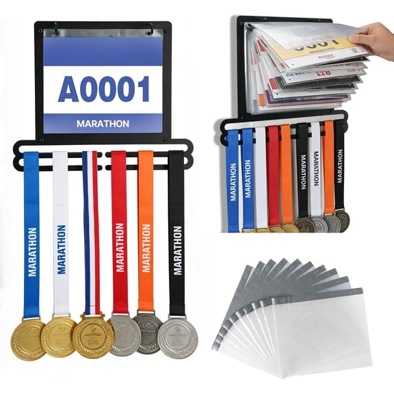 Race Medal and Bib Display Wall Mounted Rack, Heavy Duty Metal Hanger with 10 Clear Bib Holders, Holds 20 Bibs & 40 Medals, Gift for Runners Marathon Athletes
