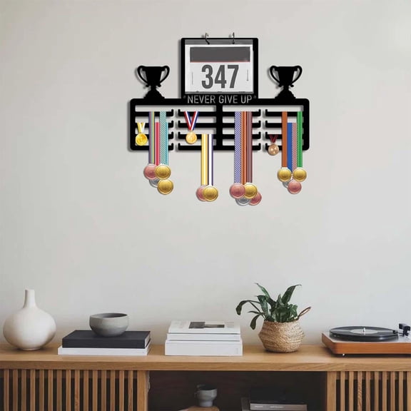 Race Medal Holder Wall Hanger, Running Medal Hanger Display, Ribbon Holder Organizer Rack, Wall Shelf with Hooks, Black Metal Wall Art, 18X8 In, Wall Mounted Hooks, Decorative