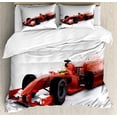 thumbnail image 1 of Race Themed Duvet Cover Set, Formula Car Illustration with Turbo Feels Illustration on Plain Background Print, Decorative 3 Piece Bedding Set with 2 Pillow Shams, King Size, Black Red, by Ambesonne, 1 of 3