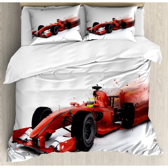 Race Themed Duvet Cover Set, Formula Car Illustration with Turbo Feels Illustration on Plain Background Print, Decorative 3 Piece Bedding Set with 2 Pillow Shams, King Size, Black Red, by Ambesonne