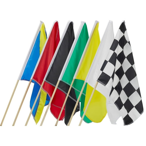 Race Track Flag Set, 36x36 Inch, Set of 7, 100% Durable Nylon Construction, Easy to See, Mounted on Sturdy 4' Long Wooden Dowels, Ideal for Racing Events, Showcases Vivid Colors, Long-Lasting Quality