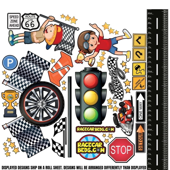Race Track Themed Wall Decal Sticker Set With Height Chart, Wall Sticker Boy Room