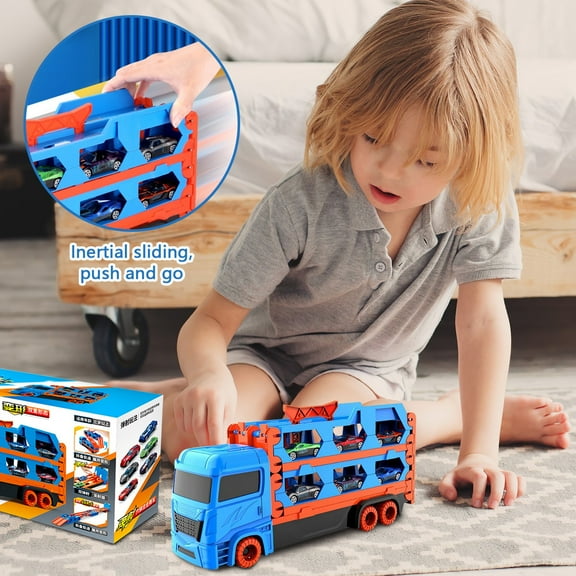 Race Tracks Set for Kids Ages 3-5,Car Tracks for Toddlers 3-4 Years,Car Carrier Trucks Car Garage Toys for 3+ Year Old,Toys for Ages 3+,3 Year Old Boy Birthday Gift(Blue)