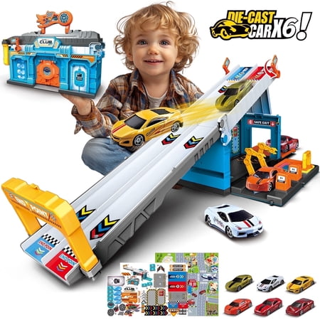 Race Tracks for Kids Ages 3-5 Racing Car Toys Set with 2 Layer Track 6 Alloy Race Cars for Toddlers Boys Best Birthday Xmas Gifts