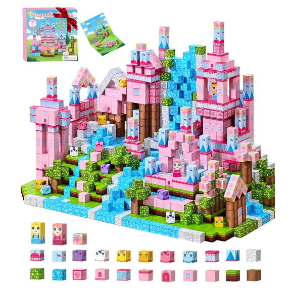 RaceGT 200PCS Magnetic Blocks, STEM Magnetic Building Cubes Toys - Creative Educational Toys for 3 4 5+ Year Old Girls Boys Toddlers Gifts, Montessori Stacking Toy, Magnet Tiles Pink Castle