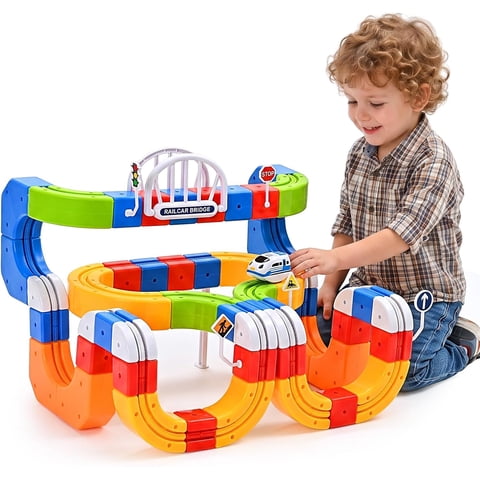 RaceGT Electric Train Set for Kids, 100Pcs Build 3D DIY Track Building Blocks Kits with Train and Traffic Signs, Racing Track Sets, STEM Car Toy Set for Boys Girls, 3 4 5 6 7 8 Years Old Toys Gifts