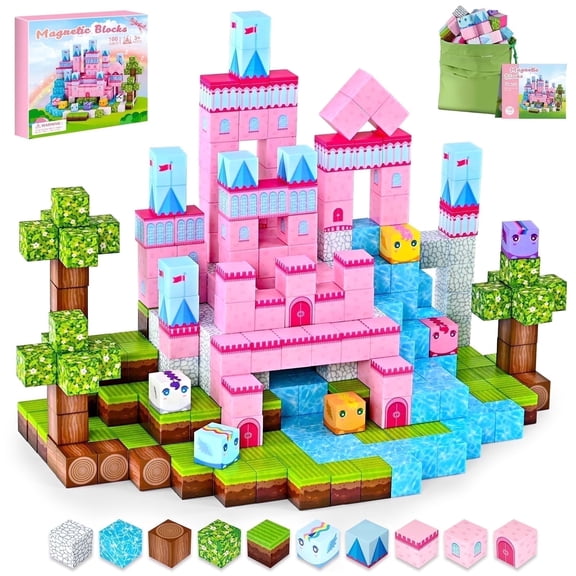 RaceGT 100PCS Magnetic Blocks, Magnetic Building Cubes for Girls Boys, STEM Creative Educational Toys for Kids 3 4 5+ Years Old, Magnet Tiles Set, Montessori Stacking Toy, Toddlers Gifts Pink Castle