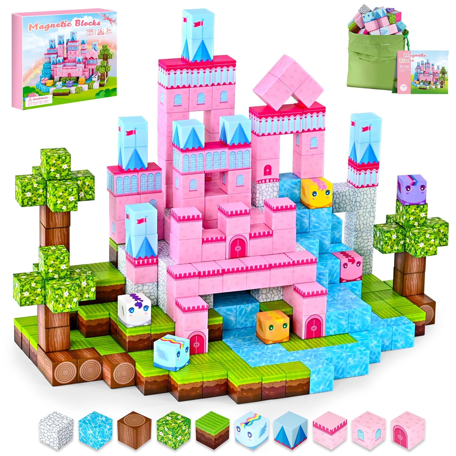 Magnetic Blocks for Girls Toys- 100pcs Magnet Castle Building Set, Magnetic Toys for Montessori Toddler, Birthday Gifts for Kids 3+ Years Old, STEM Montessori Sensory Toys for Boys & Girls