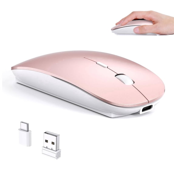 RaceGT USB C Wireless Mouse for MacBook Pro/Air, Rechargeable Portable Silent Mouse for Laptop, USB C & USB A Dual Mode Receiver Cordless Mice for MacBook, Mac, PC, Chromebook, Multi-Device-Rose Gold