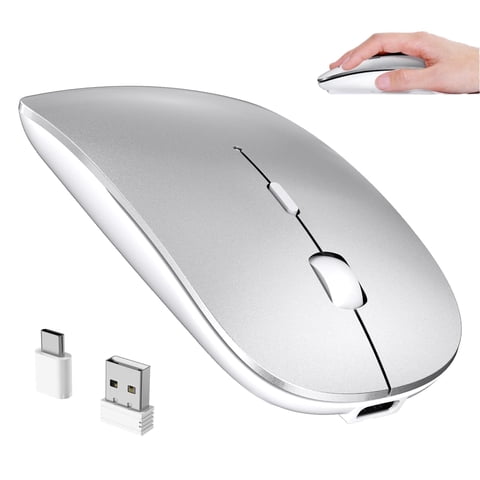 RaceGT USB C Wireless Mouse for MacBook Pro/Air, Rechargeable Portable Silent Mouse for Laptop, USB C & USB A Dual Mode Receiver Cordless Mice for MacBook, Mac, PC, Chromebook and Multi-Device-Silver