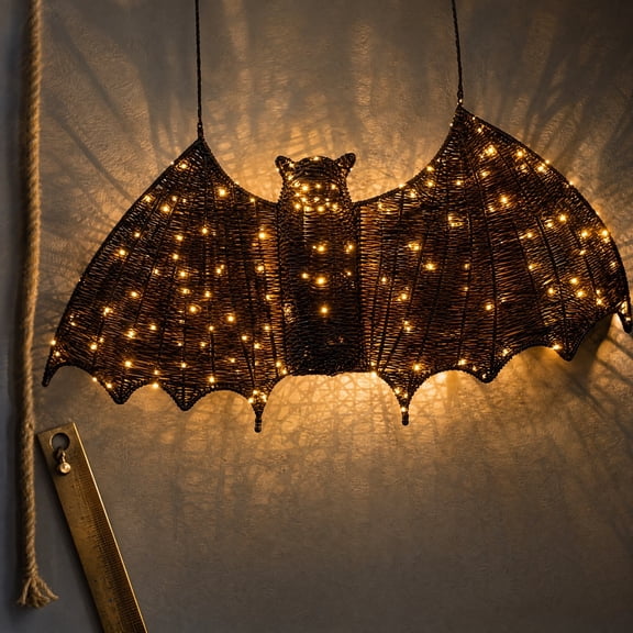 Racedeer Handwoven Rattan LED Bat Wall Decor Halloween Hanging Ornament Decorative Wall Light with Warm Glow