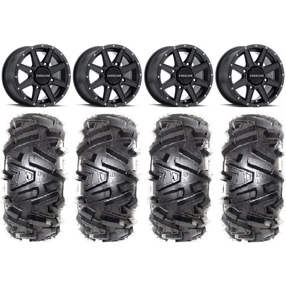 Raceline Hostage 14" Black Wheels 27" Moto MTC Tires Kawasaki Mule Pro FXT