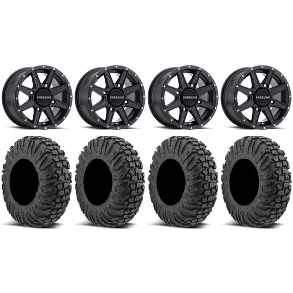 Raceline Hostage 14" Black Wheels 30" MotoVator Tires Can-Am Maverick X3 / Honda Pioneer 1000 / Talon