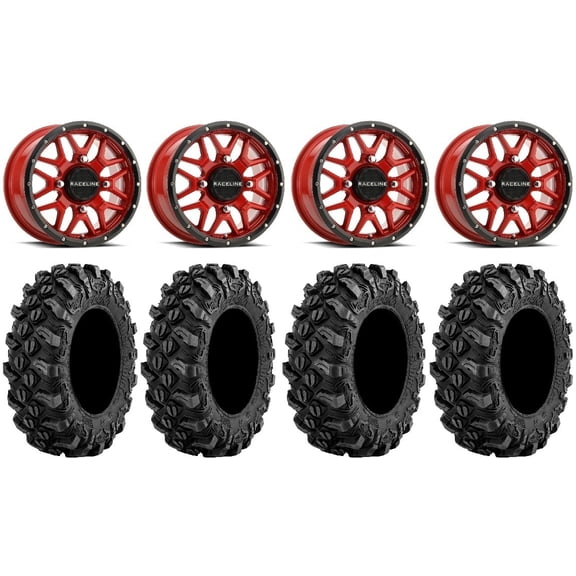 Raceline Krank 14" Red Wheels 27" Buck Snort Tires Sportsman RZR Ranger