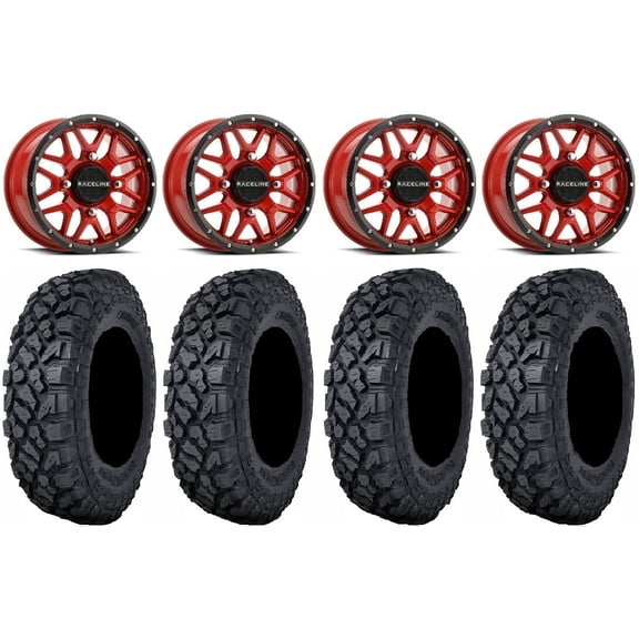 Raceline Krank 14" Red Wheels 27" Klever X/T Tires Sportsman RZR Ranger