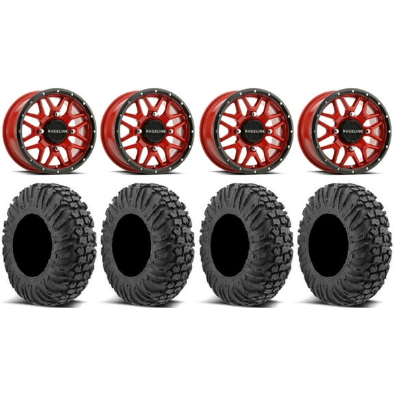 Raceline Krank 14" Red Wheels 27" MotoVator Tires Can-Am Maverick X3 / Honda Pioneer 1000 / Talon