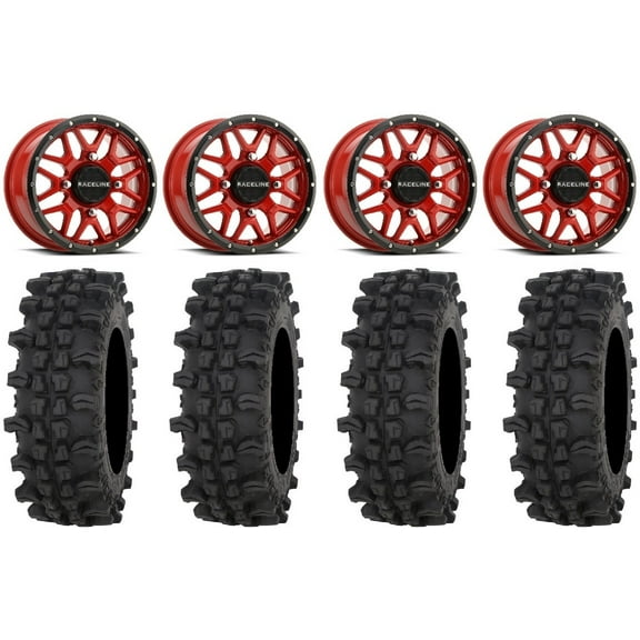 Raceline Krank 14" Red Wheels 28" ACP Tires Can-Am Maverick X3 / Honda Pioneer 1000 / Talon