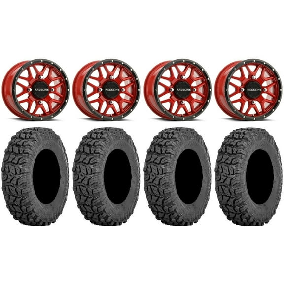 Raceline Krank 14" Red Wheels 28" Coyote Tires Sportsman RZR Ranger