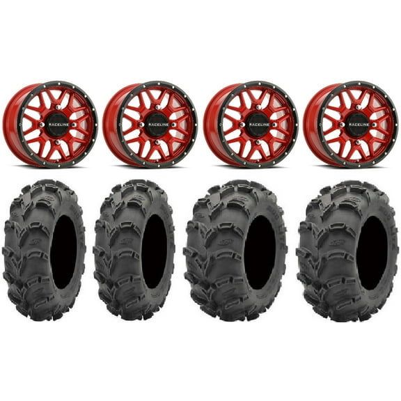 Raceline Krank 14" Red Wheels 28" Mud Lite XL Tires Sportsman RZR Ranger