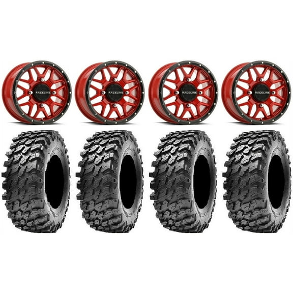 Raceline Krank 14" Red Wheels 28" Rampage Tires Can-Am Maverick X3 / Honda Pioneer 1000 / Talon