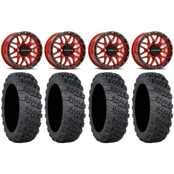 Raceline Krank 14" Red Wheels 28" Versa Cross V3 Tires Sportsman RZR Ranger