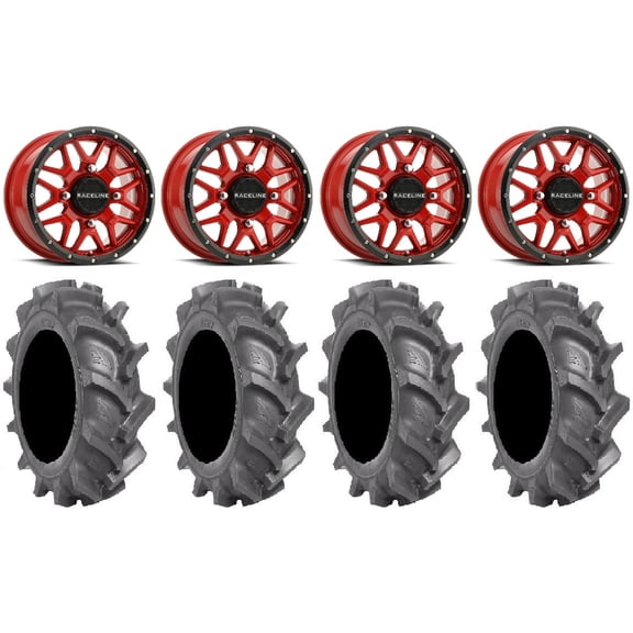 Raceline Krank 14" Red Wheels 30" BKT AT 171 Tires Can-Am Maverick X3 / Honda Pioneer 1000 / Talon